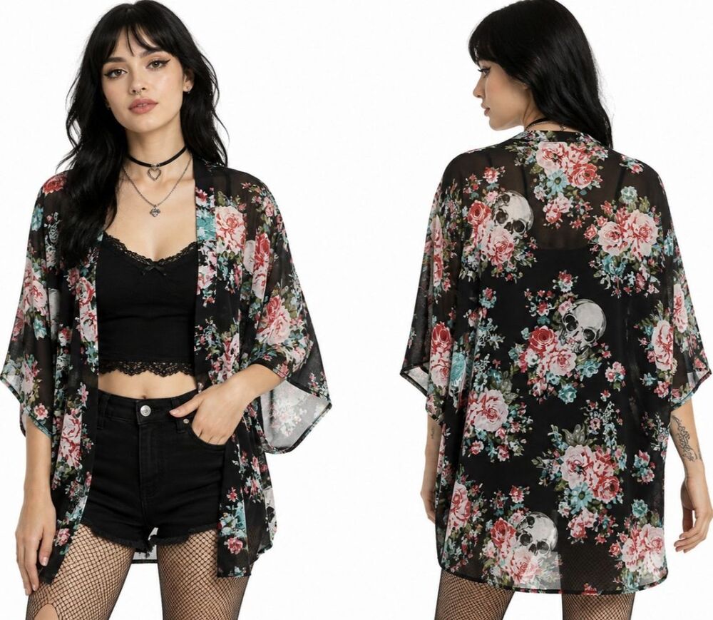 Hot Topic Kimono Top Womens M Floral Sheer Scull Romantic Whimsigoth Witchy Boho